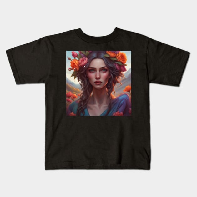 Beautiful Woman with Colorful Flowers in Her Hair Kids T-Shirt by tearbytea